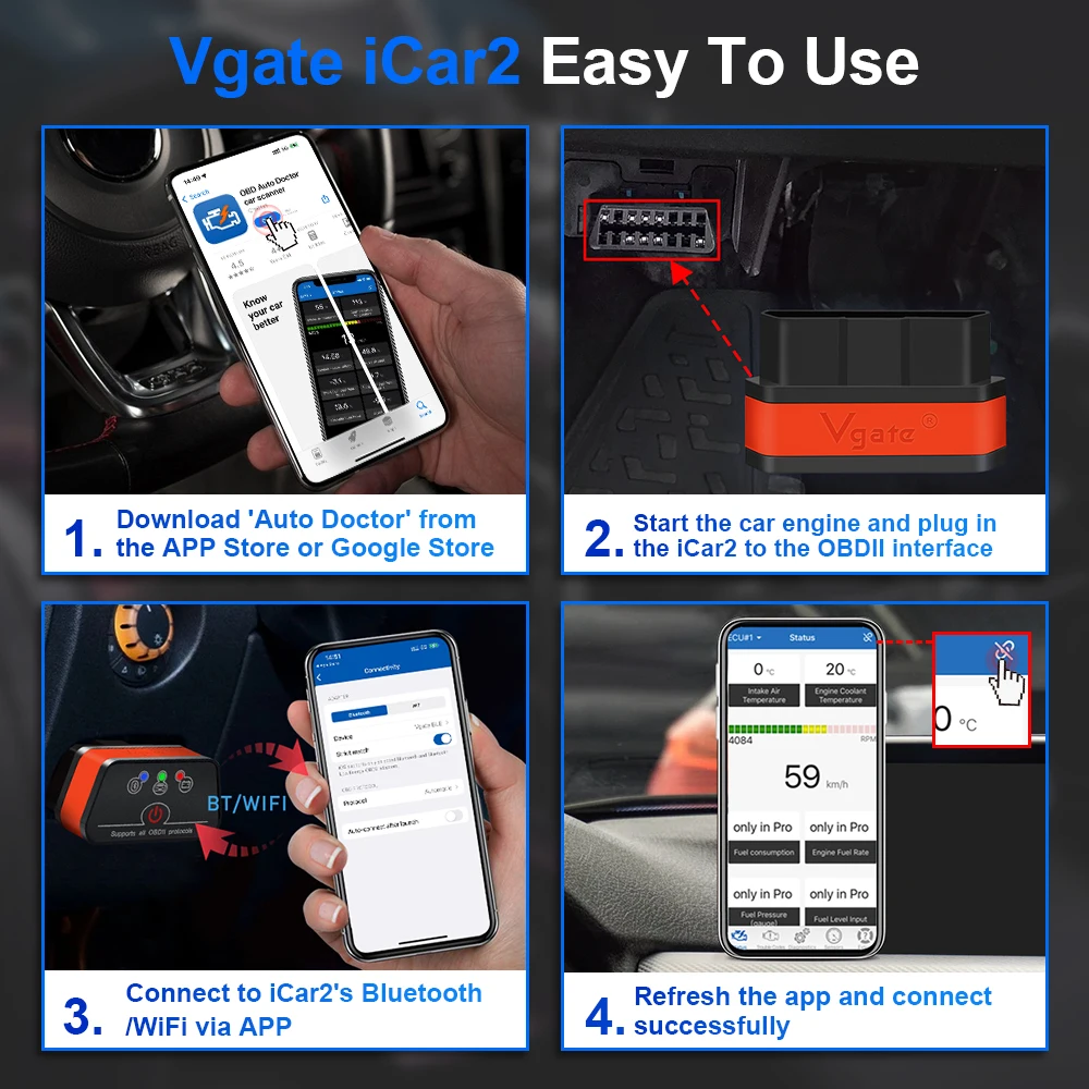 Vgate iCar2 Diagnóstico de carro OBD OBD2 ELM327 Wifi Scanner Ferramenta automática Cabo de extensão Bluetooth iCar 2 v2.2 leitor de código PK olmo V1 5