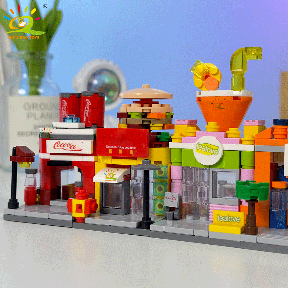 HUIQIBAO Moc City Street View Mini Building Blocks DIY City Commercial Street ร้านกาแฟปริศนาของเล่นบ้านเครื่องประดับตกแต่ง