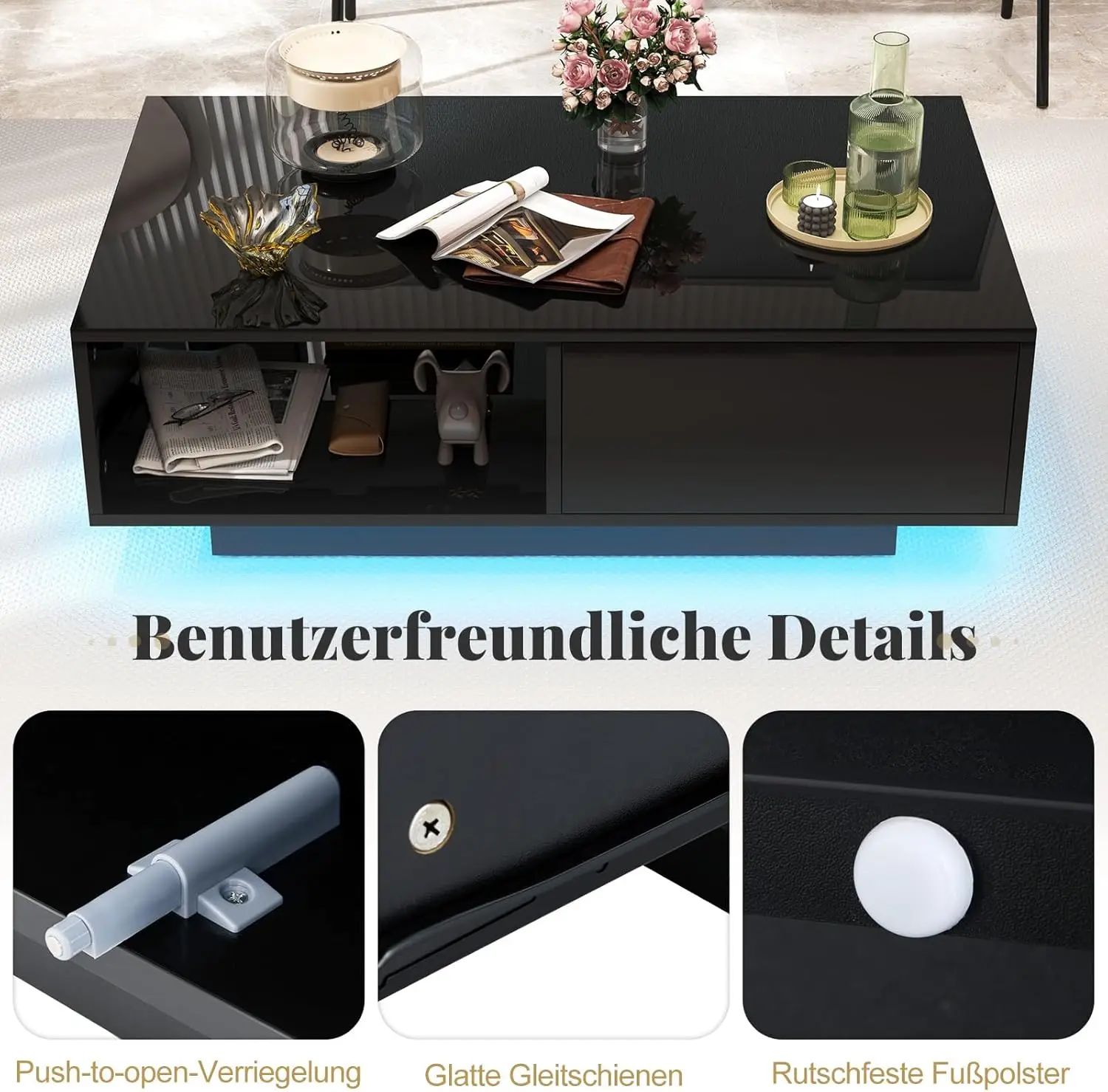 Couchtisch mit LED-Lighting, Kaffeetisch mit offenem Ablage & Schublade, Sofa Table mit Fernbedienung, Wohnzimmer, Gesellscha