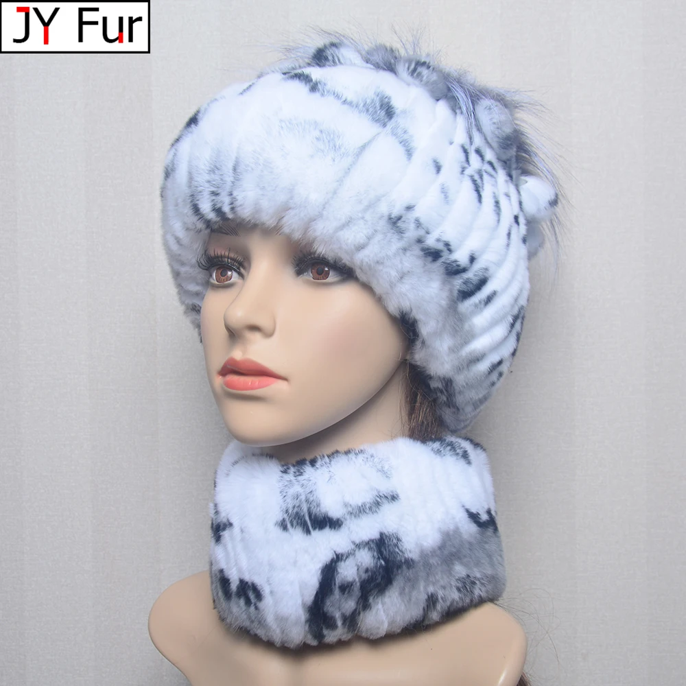 Real Rex Rabbit Fur Hat And Scarf Set Women Winter Knitted Beanie Hat Natural Fur Skullies Beanies Woman Hat Female Cap Elastic