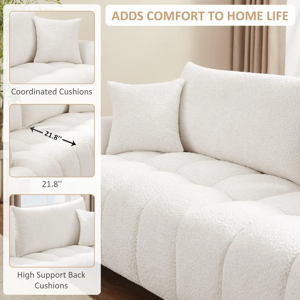 91" Comfy Tufted Upholstered Cloud Couches, Modern 3 Seater Sofa with Pillows, Oversized Deep Seat Sherpa Couch
