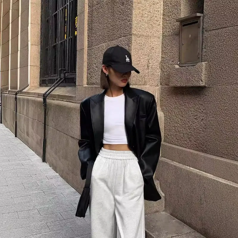 PU Leather Suit Jacket Women's 2024 Autumn and Winter New High Texture Loose Small Suit Jacket