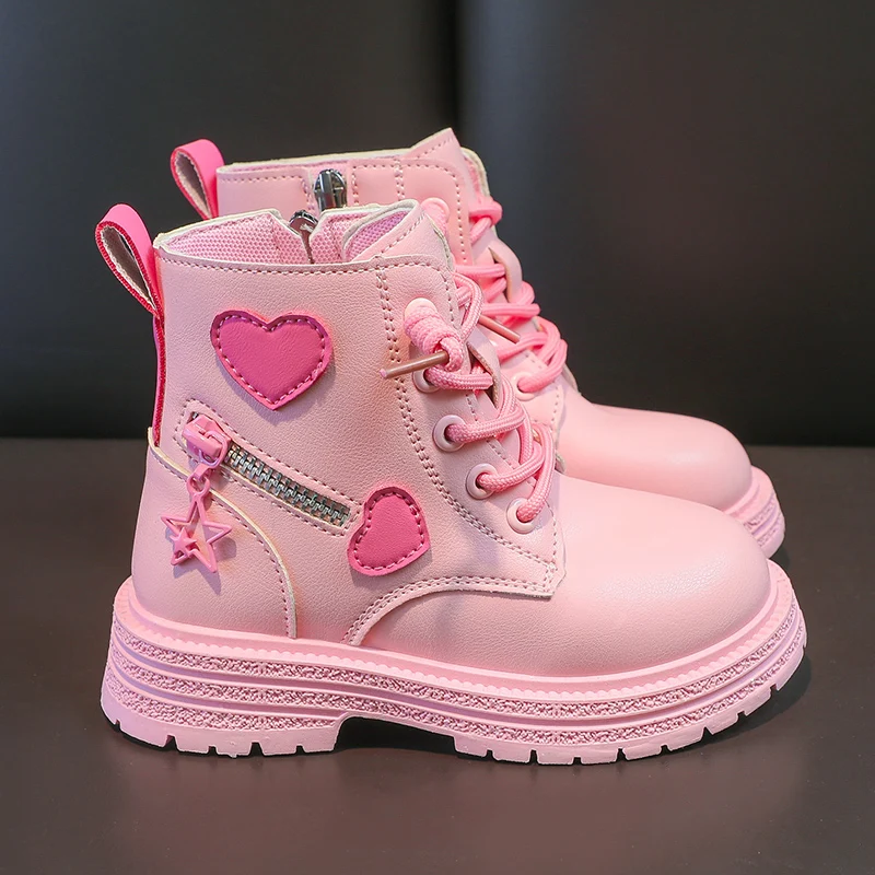 Meninas botas crianças moda botas de borracha legal menina outono e inverno algodão sola macia rosa com amor lado zip princesa dedo do pé redondo plutônio