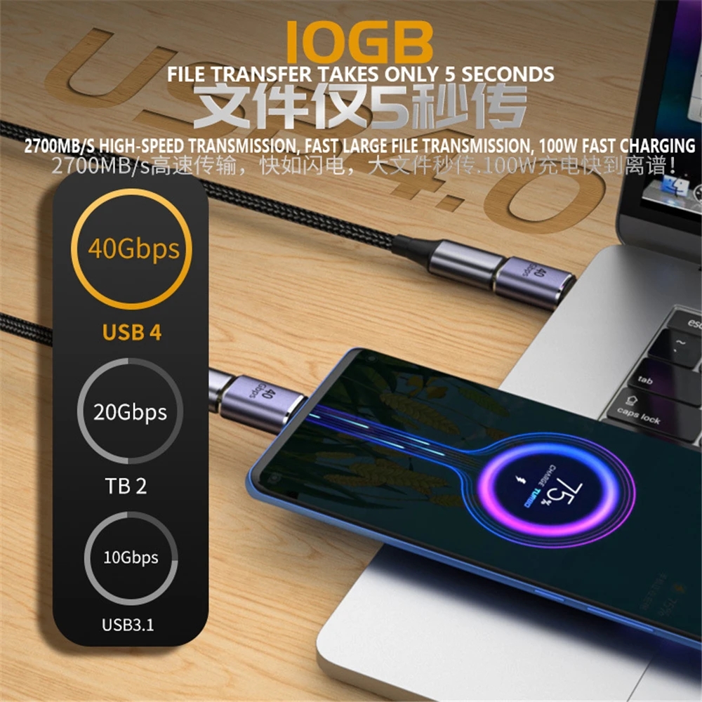 USB C 4.0-Adapter, U-förmiger gerader Winkel-Ladeadapter, Typ C-Buchse auf Typ-C-Stecker, 40 Gbit/s, schneller Datenadapter-Konverter, 100 W
