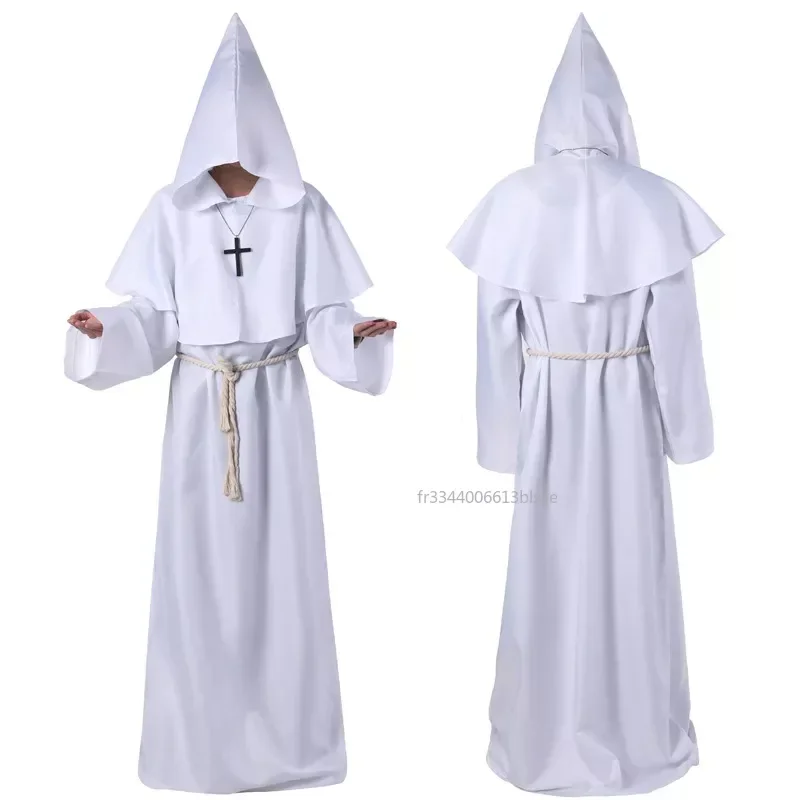 Novo traje de feiticeiro halloween cosplay traje medieval com capuz robe monge frade robe sacerdote traje roupas antigas terno cristão