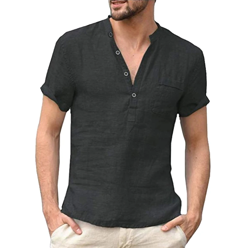 Novedad de verano, camisas informales de lino y algodón a la moda, camisetas transpirables de manga corta para hombre