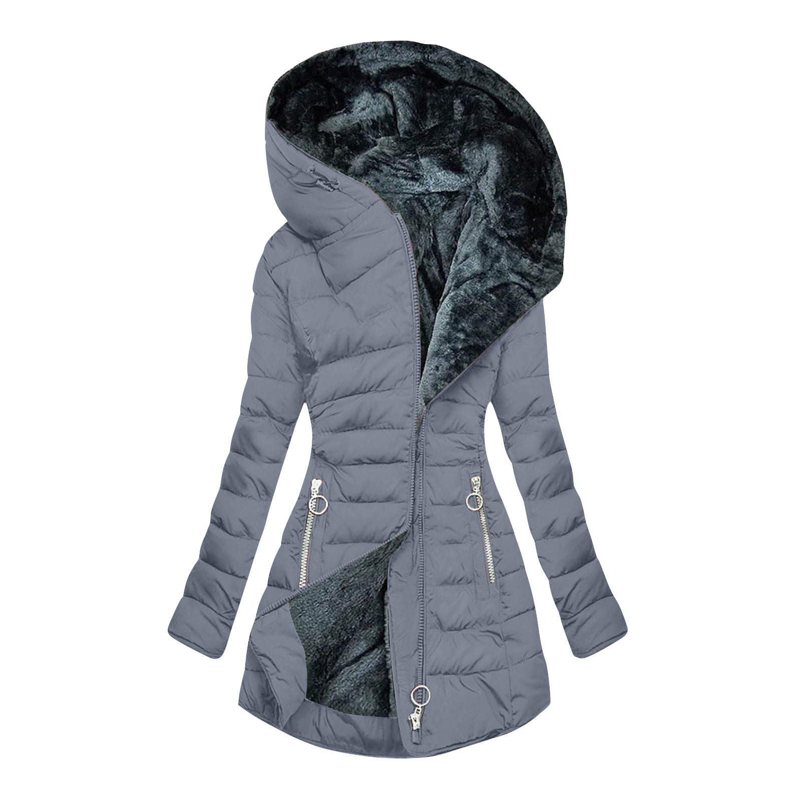 Mulheres parkas com capuz sólido zíper splice midi casacos manga longa bolsos fino ajuste grosso casaco casual parka inverno quente 2024