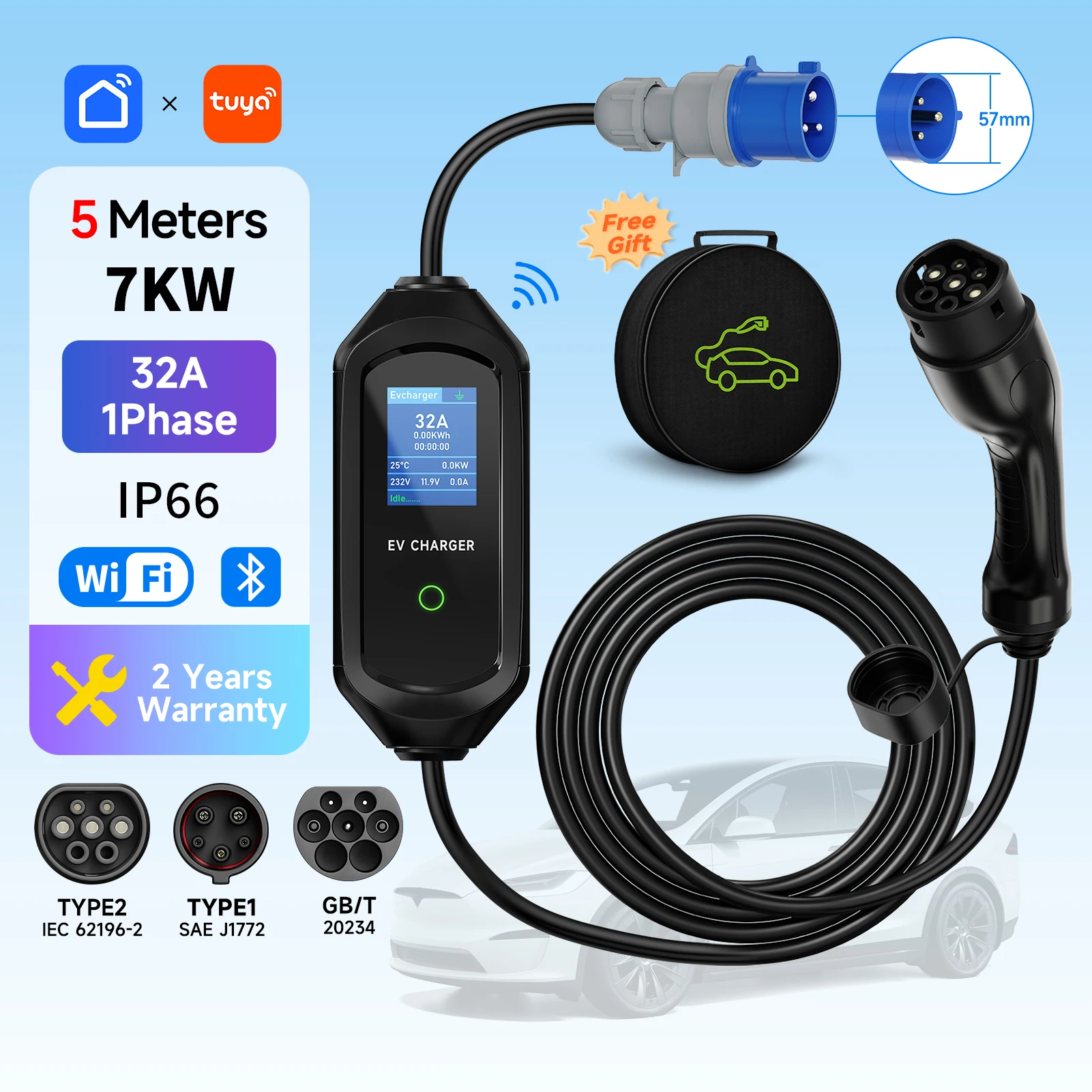 7kw 32a 1 fase portátil ev carregador type2 carregador de carro elétrico tipo1/gbt evsee cabo de carregamento rápido wifi app controle bluetooth