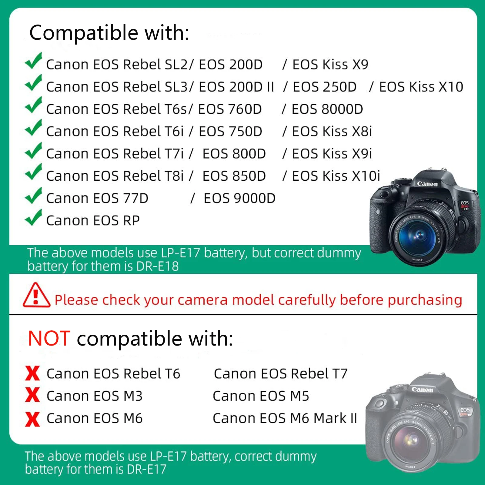 USB Type-C to DR-E18 LP-E17 Dummy Battery Canon EOS Rebel T6i T6s T7i T8i RP SL2 SL3 R8 R10 R50 R100 77D 200D 250D 750D 760D