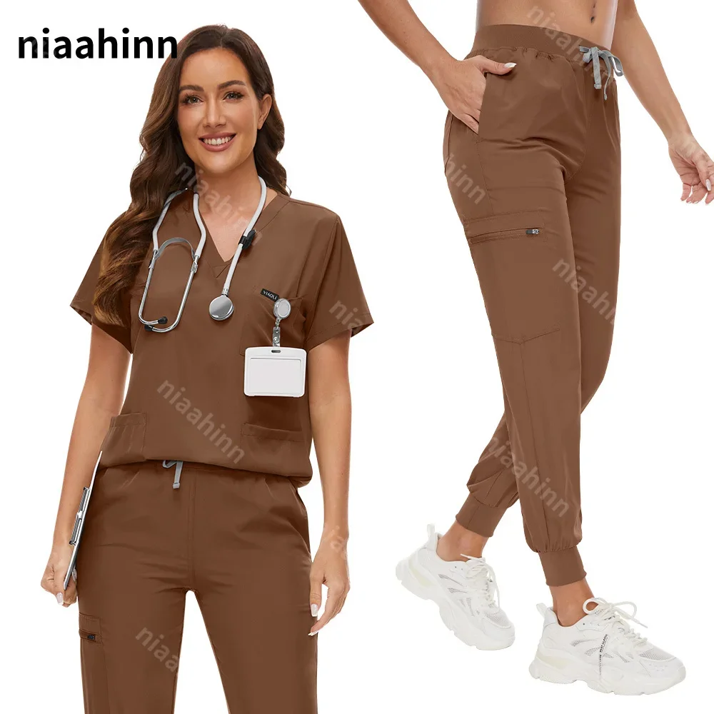 Medizinische Zubehör Frauen Elastische Peelings Uniform Sets Krankenhaus OP-Kittel Kurzarm Tops Jogger Hosen Anzug Arzt Kleidung