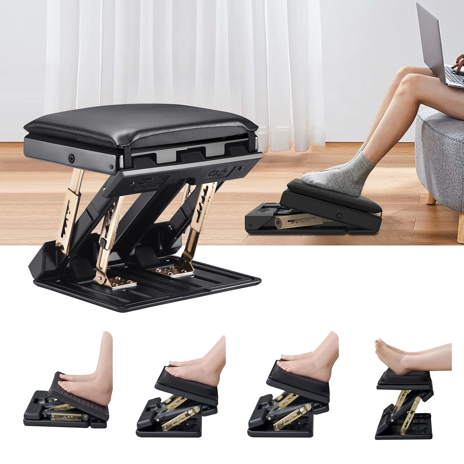 Folding Footrest With 4 Adjustable Heights & 3 Adjustable Angle Of Inclination Non-slip Foot Stool With Massage Function