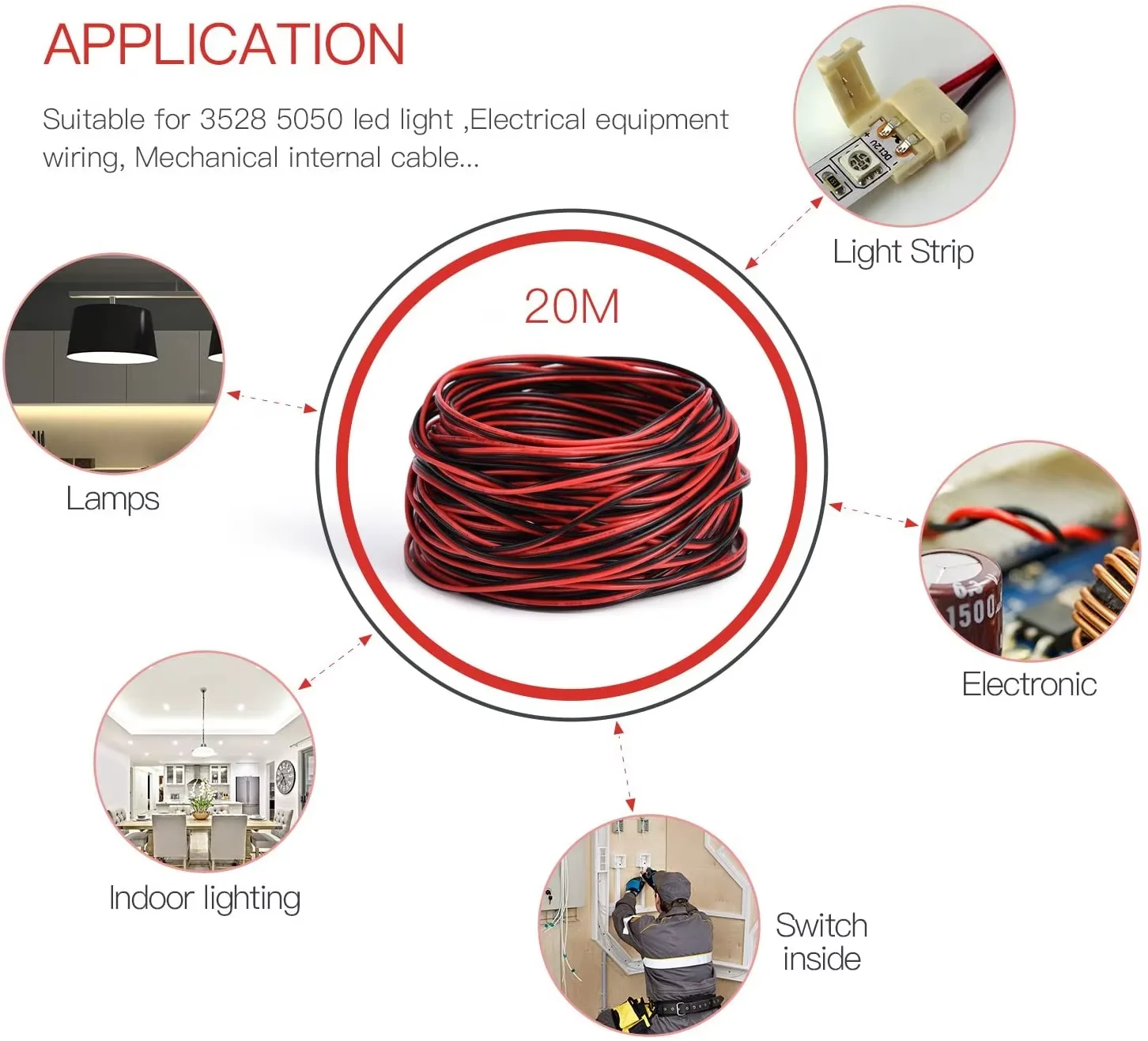 5/10/20/30 M 2pin 22 AWG UL2468 2*0.5 มม.ใช้สําหรับ 12 V 24 V LED Strip เทป String เชื่อมต่อสายไฟ