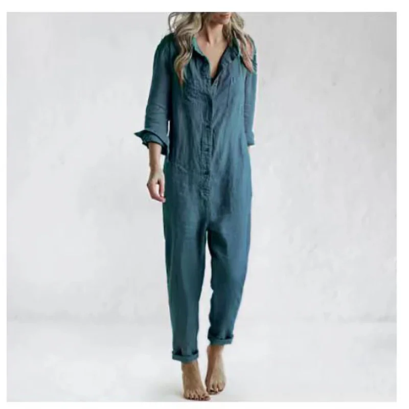 Monos Vintage de lino y algodón para mujer, mono con diseño de botones y un solo pecho, pelele de manga larga con cuello vuelto, monos con bolsillos sólidos