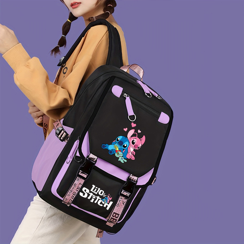 Stitch Large Capacity Backpack, Student Travel Commute Schoolbag, Simple Casual Knapsack with Headphone Jack And Charging Port