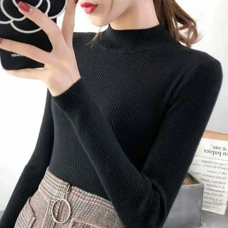 가을 겨울 모의 목 여성 스웨터 빈티지 기본 솔리드 니트 탑 캐주얼 슬림 풀오버 한국 스웨터 Simple Chic Jumpers