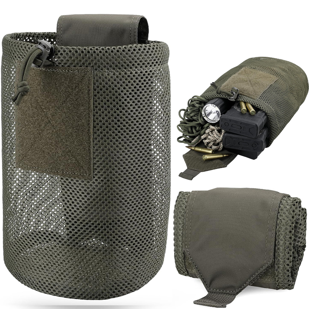 Bolsa de basura táctica Molle para exteriores, bolsa de cintura plegable con cordón enrollable para revista, bolsillo EDC de caza deportiva plegable de malla