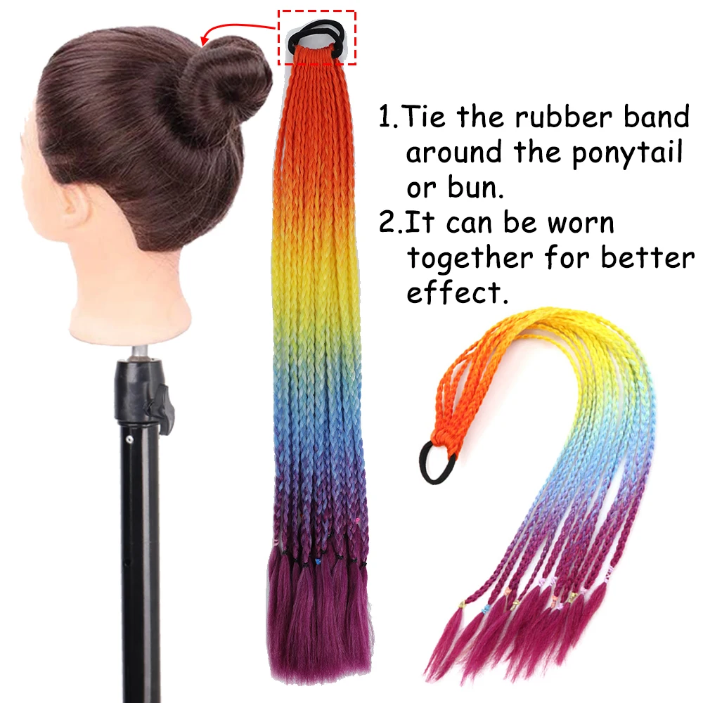 AZQUEEN-extensión de cabello de cola de caballo trenzada de color sintético, trenzas de Color arcoíris, cola de caballo con banda elástica, coleta para niña