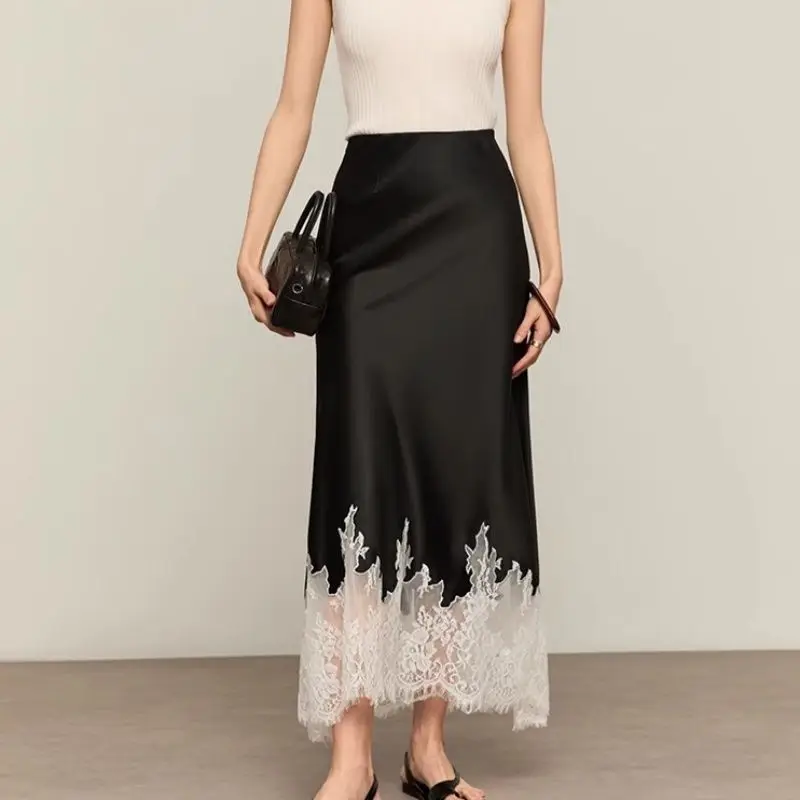 Falda Midi elegante de satén con borde de encaje para mujer, faldas largas ajustadas a la cadera envueltas de cintura alta, moda de hadas, ropa de oficina para mujer, novedad