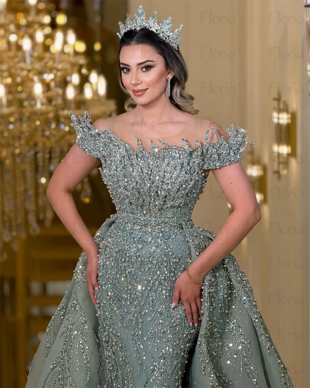 Zwei Stücke Elegante Ballkleider Salbeigrün 3D Spitze Hochzeit Party Kleider Saudi-Arabien Überrock Ballkleider Maßgeschneiderte Promi