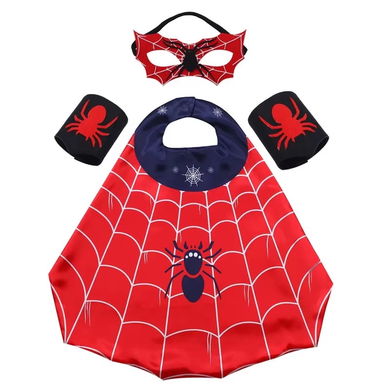 ZSQHET Set di costumi da supereroe dei cartoni animati per ragazzi e ragazze, abito di Halloween, mantello e maschera di ragno con costume cosplay da polso