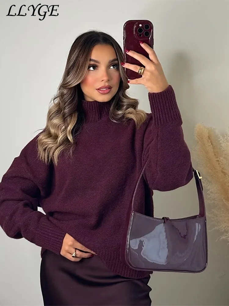Suéter Vintage de cuello alto color Burdeos para mujer, Jersey grueso informal de manga larga para mujer, prendas de punto cómodas que combinan con todo para invierno 2024
