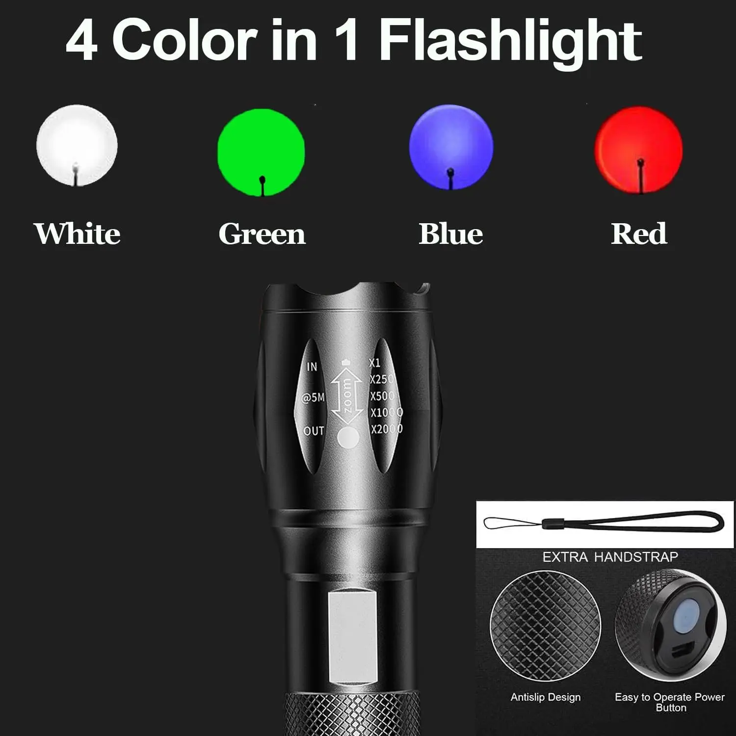 Multicolor 4 Colors in 1 LED White Red Blue Green Blue Light 4 Modes Zoomable Flashlight Red Torch Rechargeable Flashlights