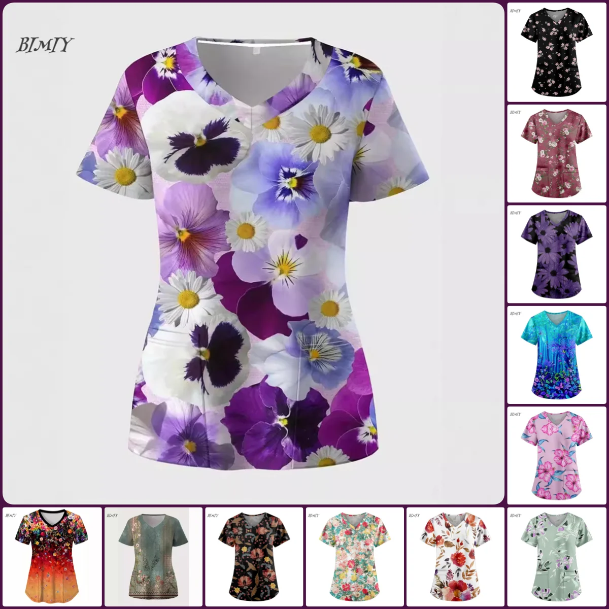 Damen Arbeitsblumen T-Shirt Stretch Scrubs Pflegeuniform Bluse V-Ausschnitt Kurzarm Medizinische Scrub Tops mit Taschen Großhandel
