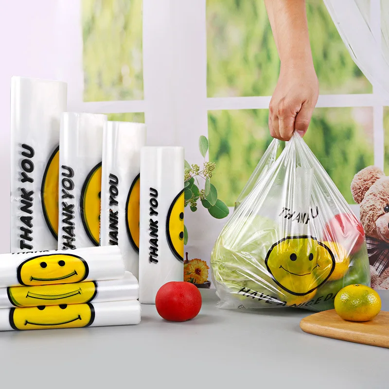 Bolsa de plástico de 50 Uds., bolsas de almacenamiento de alimentos de 3 tamaños con asa, bolsa de compras útil para supermercado, cesta de almacenamiento de cocina
