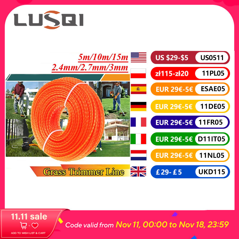 LUSQI 5m/10m/15m * 2,4mm/2,7mm/3mm/3,5mm/4mm hilo de desbrozadora en espiral de nailon cuerda cortadora de césped accesorio de cabezal de cortacésped
