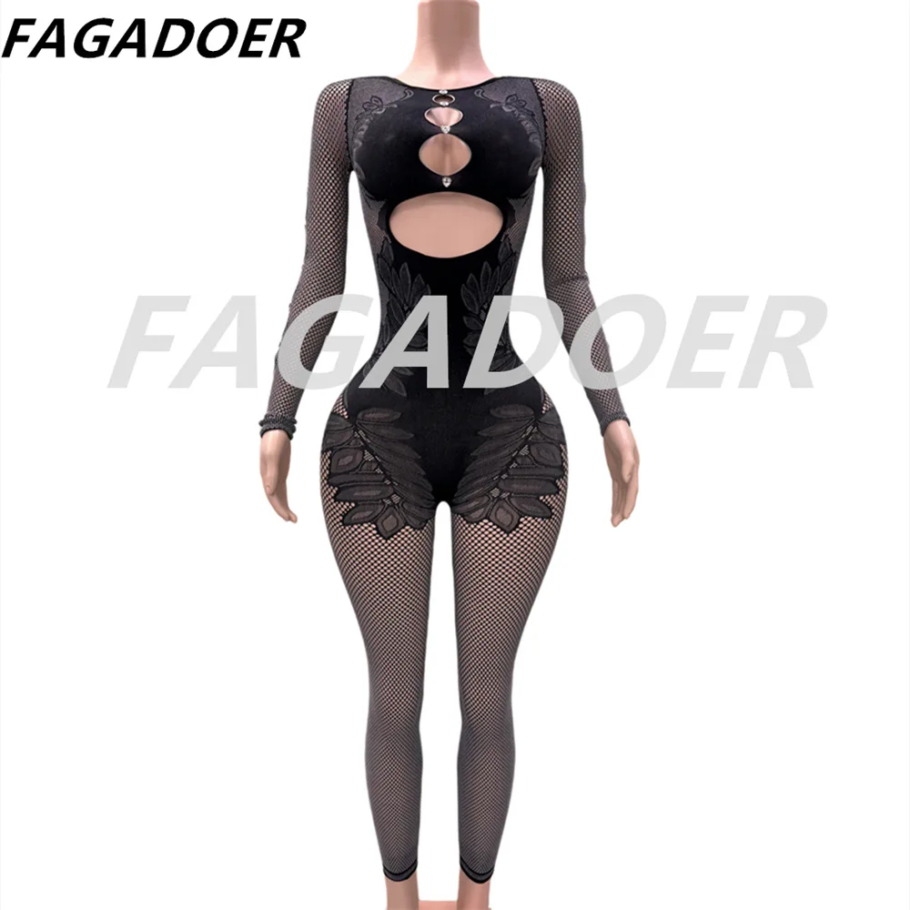 FAGADOER, monos ajustados elásticos de encaje grueso a la moda para mujer, monos transparentes de manga larga de una pieza, ropa ajustada para discoteca para mujer