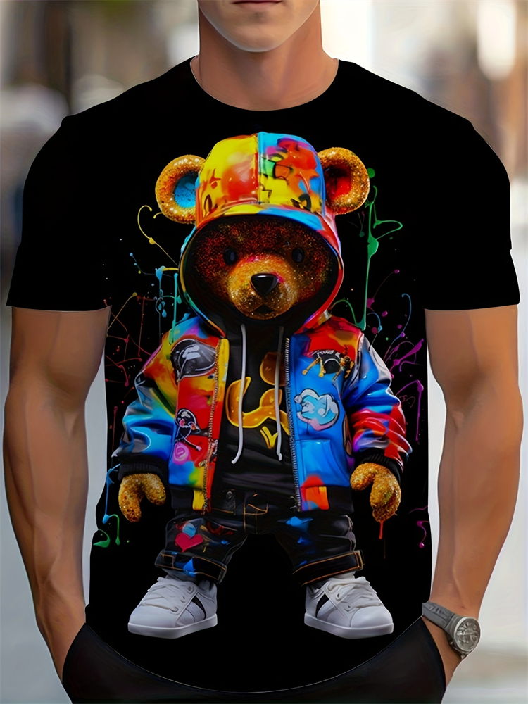 Camiseta de hombre con estampado de oso de dibujos animados estilo Hip-hop, camiseta informal de verano, camisetas de manga corta de calle urbana de moda para hombre