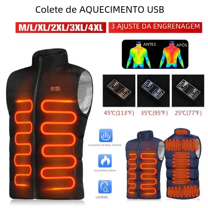 Unisex USB Electric Heating Jacket, Casaco aquecido com bolso com zíper, recarregável, sem bateria, 9 zonas, homens e mulheres