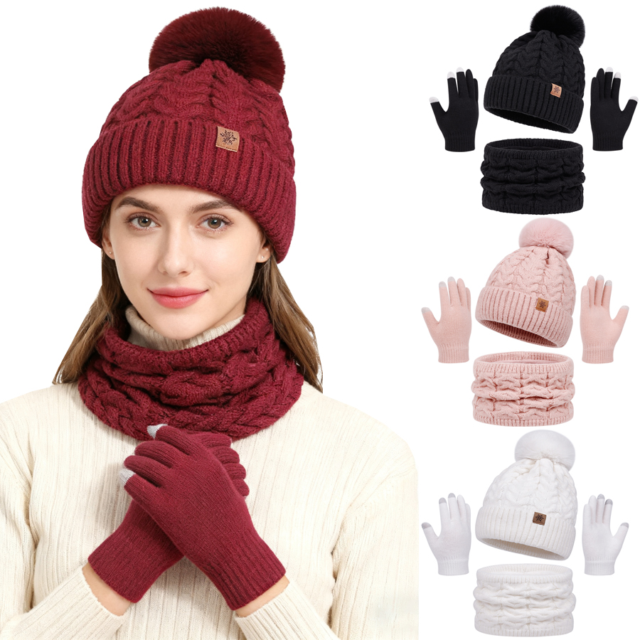 3Pcs Women Winter Hat Scarf Gloves Set Christmas Fur Ball Teenager Beanie Neck Warmer Suit Pompom Knitted Woman Men Cap Set