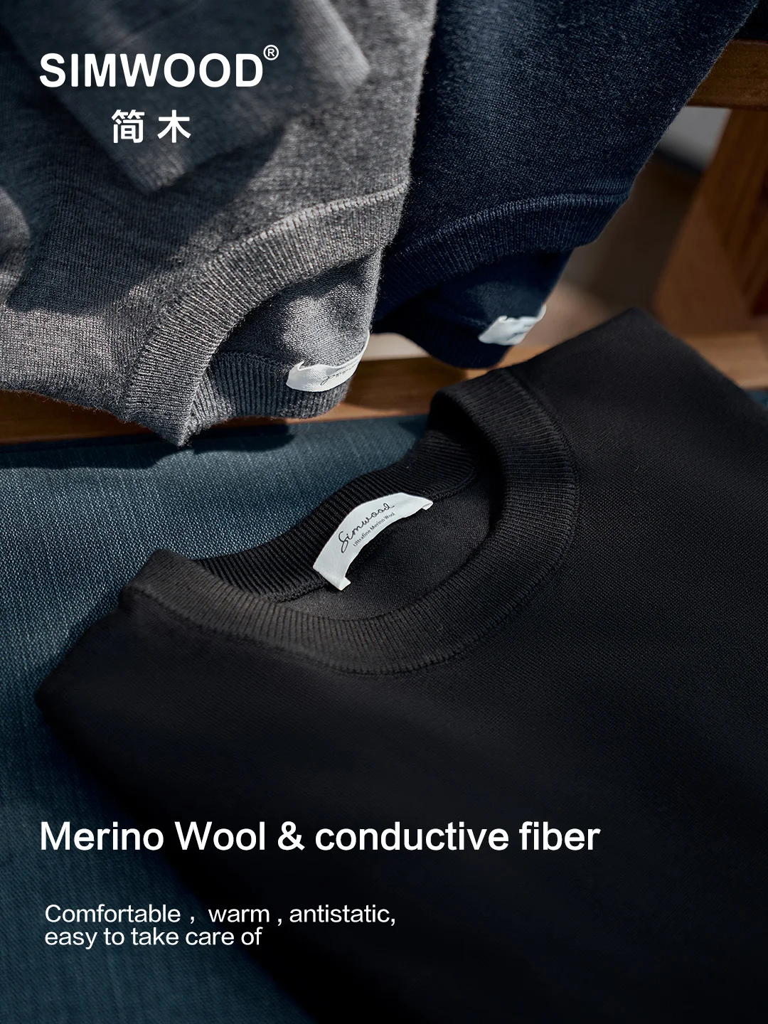 Simwood Frühling neue reguläre Passform 12 Gauge Merinowolle leitfähige Faser Pullover Männer leichte Pullover Kintwear