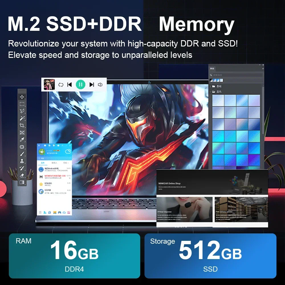 Intel Notebook PC Gamer Laptop ultra sottile da 15,6" Intel Celeron N4000 16 GB di RAM 1 TB 2 TB SSD Computer da studio per ufficio PC Windows 11 Pro