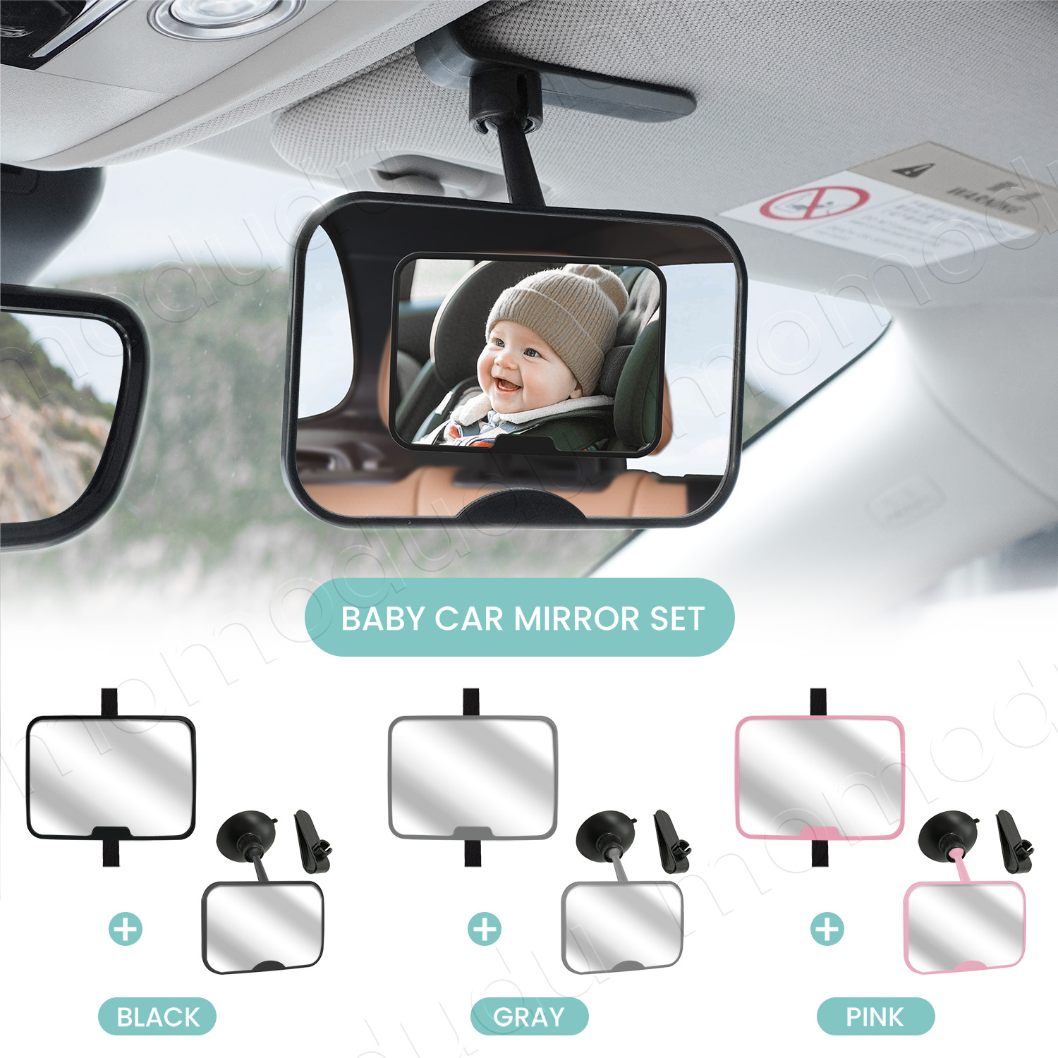O conjunto de espelho para carro de bebê inclui espelho tipo clip-on ou ventosa e 360 °   Espelho giratório grande angular e inquebrável universal