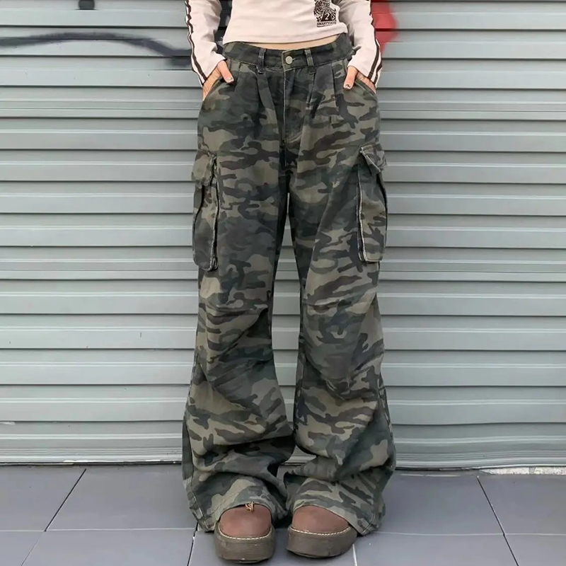 女性 Y2K 迷彩カーゴジーンズヴィンテージハイウエストヒップホップワイドレッグパンツ女性ストリートウェアだぶだぶストレートデニムズボン