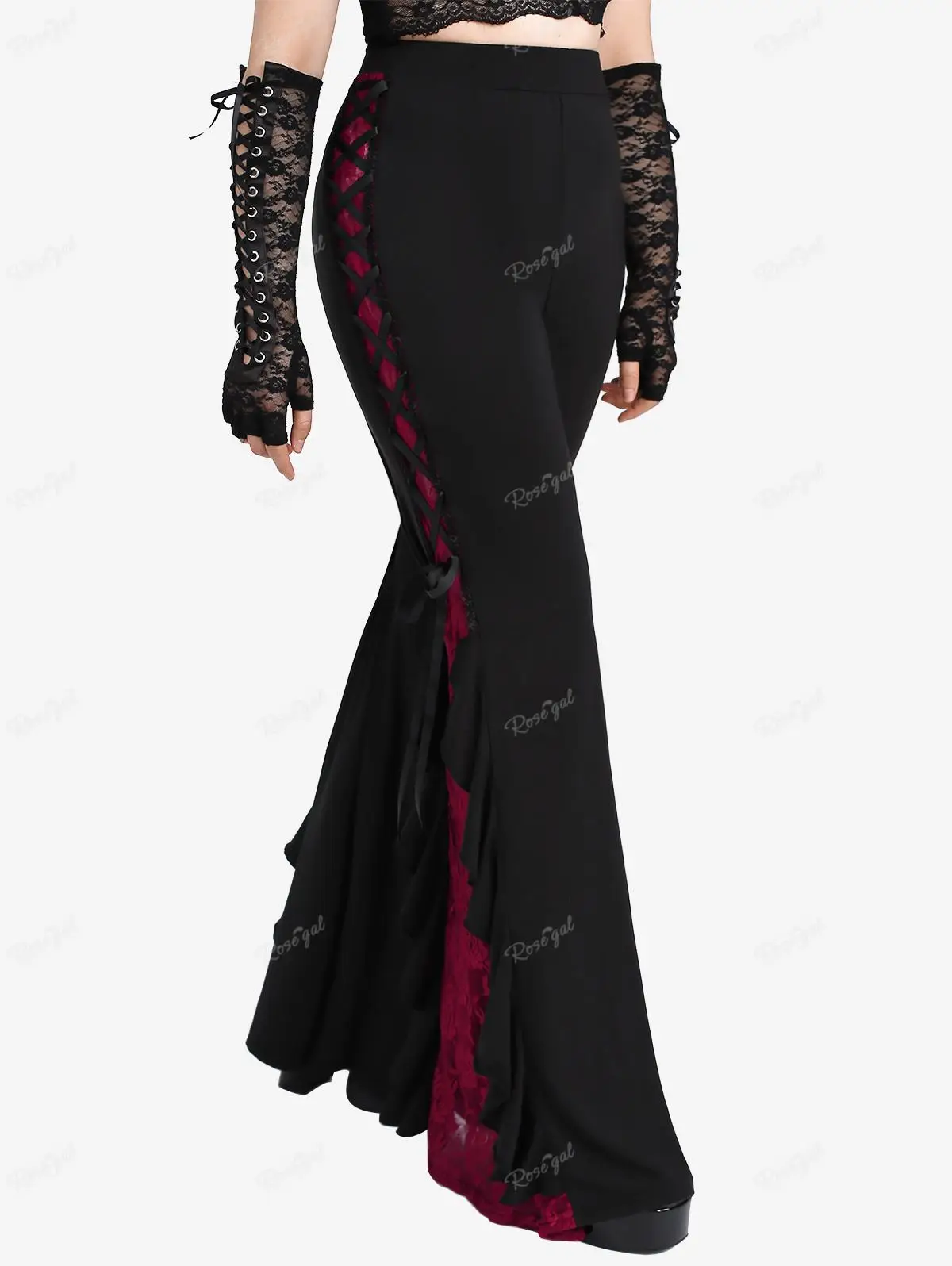 ROSEGAL Plus Größe Gothic Spitze Panel Spitze-up Rüschen Flare Hose Frauen Streetwear Elastische Taille Pull On Hose Colorblock bell-Bottom