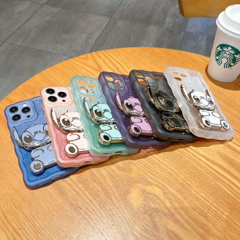Disney Stitch Mobile Phone Case Holder with Mirror Anime Luxury Plating Foldable Phone Grip Desktop Portable Stand Finger Bracke