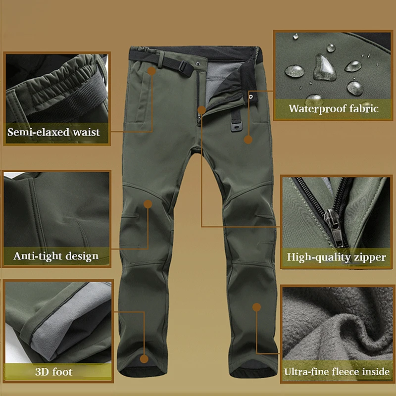 LNGXO กันน้ําขนแกะกางเกงสําหรับชาย WARM และ Windproof Soft SHELL Camping Trekking เล่นสกี Mountaineering Rain กางเกงฤดูหนาว