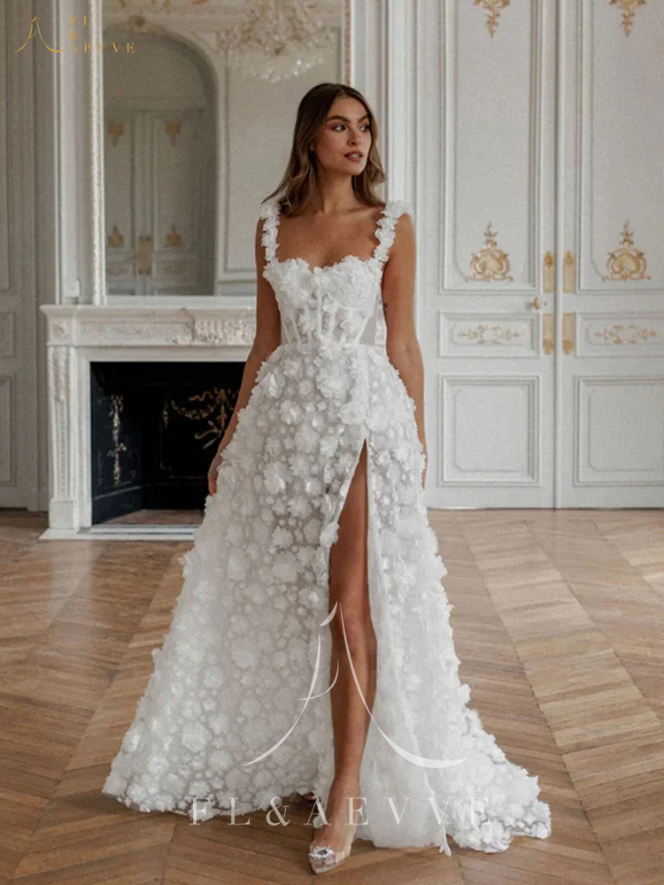 FL&AEVVE Maßgeschneidertes Spitzen-Hochzeitskleid mit Spaghettiträgern und hohem Schlitz, Applikationen, Abendparty-Kleider, Robes de Soirée, Brautkleid