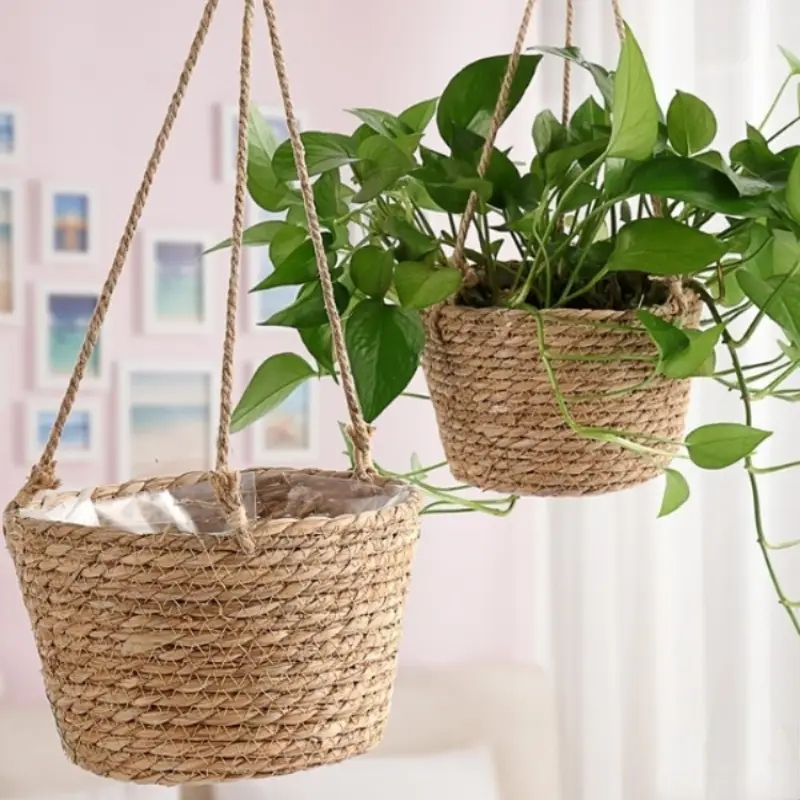 1 Set, hängender Pflanzgefäß für den Garten, Makramee-Pflanzen-Aufbewahrungskorb, Juteseil, gewebt, für drinnen und draußen, Blumentopfhalter, Pflanzenaufhänger, Zuhause D