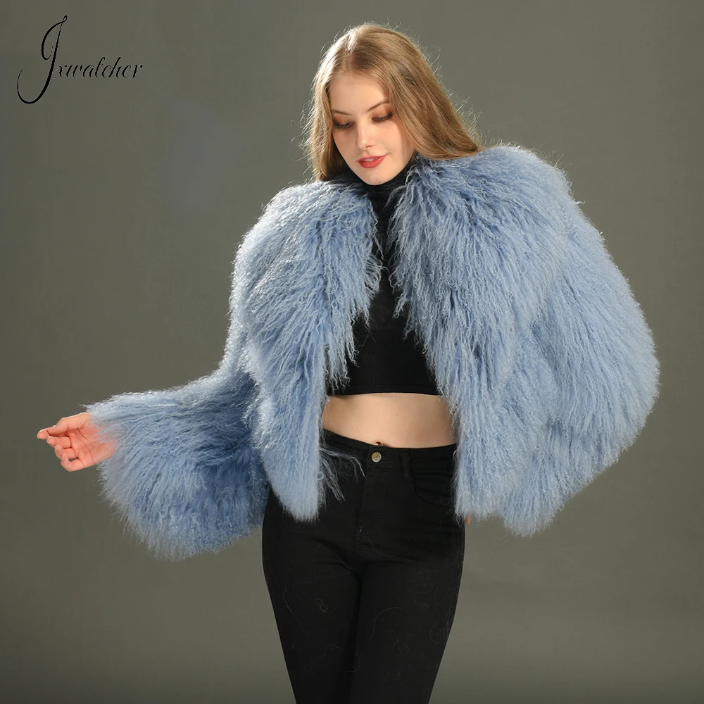 Jxwatcher-abrigo de piel mongol para mujer, abrigo corto de piel auténtica con cuello vuelto grande, chaqueta mullida cálida a la moda para invierno para mujer