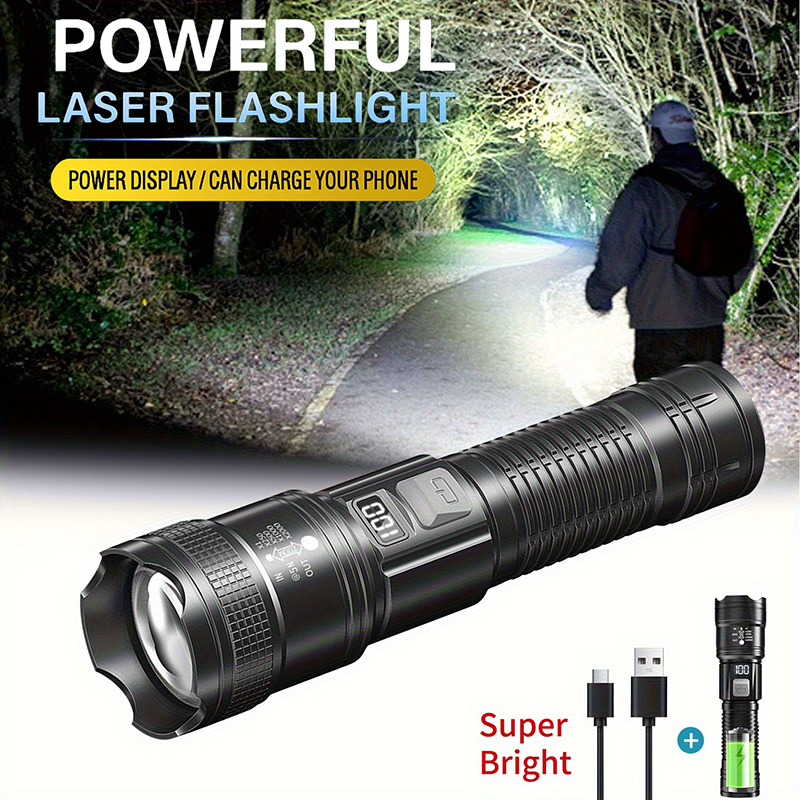 Linterna LED recargable con zoom y pantalla LCD, 3 modos, resistente al agua, luz de mano de alta potencia, para acampar en la naturaleza al aire libre