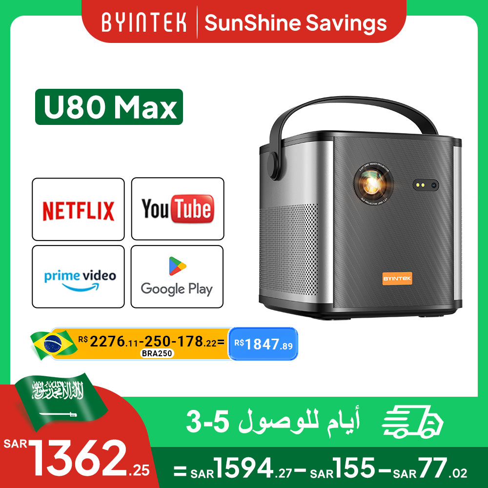 BYINTEK U80 Max proyector 3D 4K cine Android 11,0 WiFi Mini portátil 1080P proyector de vídeo DLP de cine en casa con batería