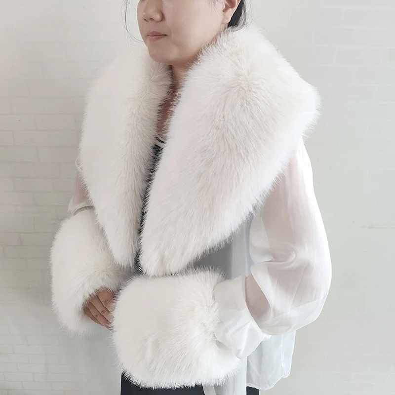 Bufanda grande de piel de zorro sintética para mujer, chaquetas cálidas y esponjosas, conjunto de puños y cuello de piel Artificial a la moda, bufandas esponjosas para mujer
