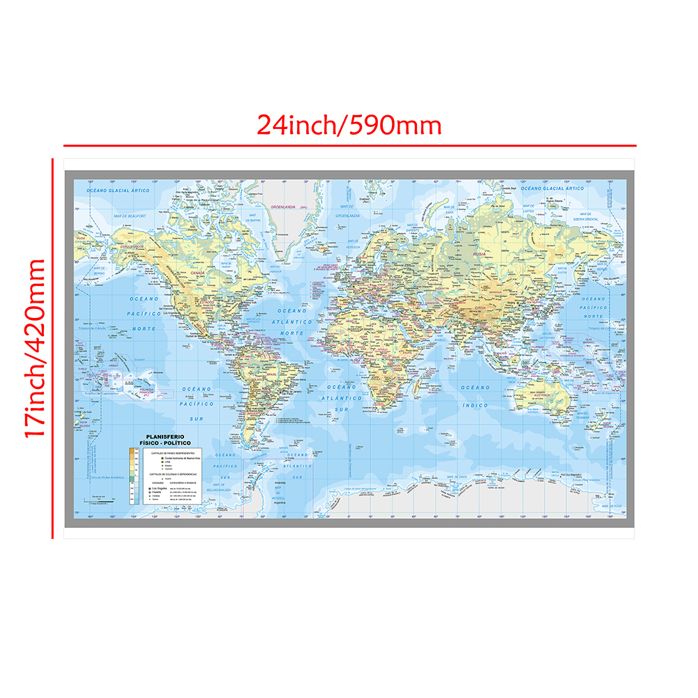 La mappa del mondo in spagnolo Sfondo decorativo in vinile Decorazione da parete Stampa su tela Camera da letto Ufficio Scuola Materiale didattico 59x42 cm