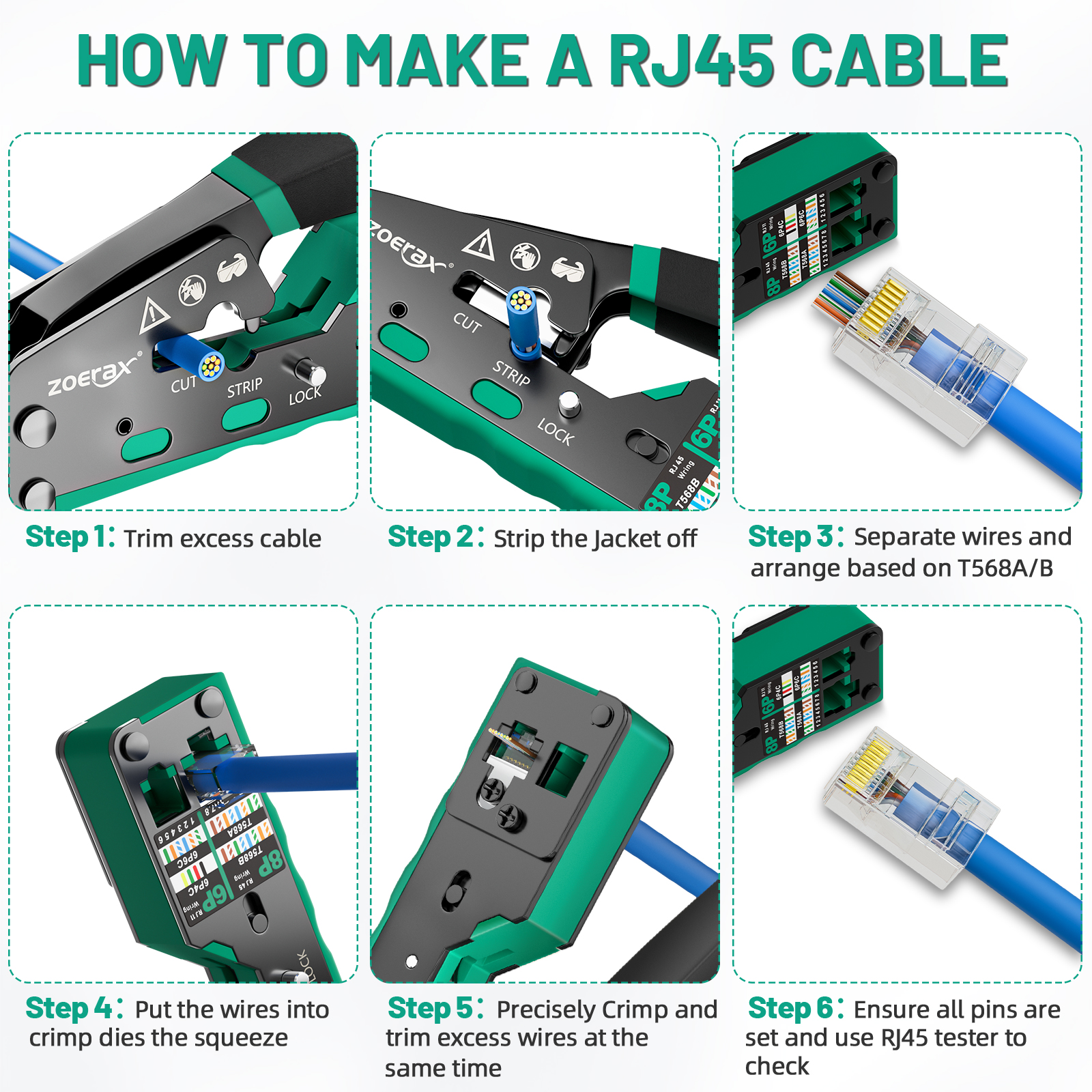 ZoeRax-Kit de herramientas de engarzado RJ45, herramienta de engarzado Cat6 para conector Cat5 Cat5e Cat6 8P8C, engarzadora Ethernet todo en uno