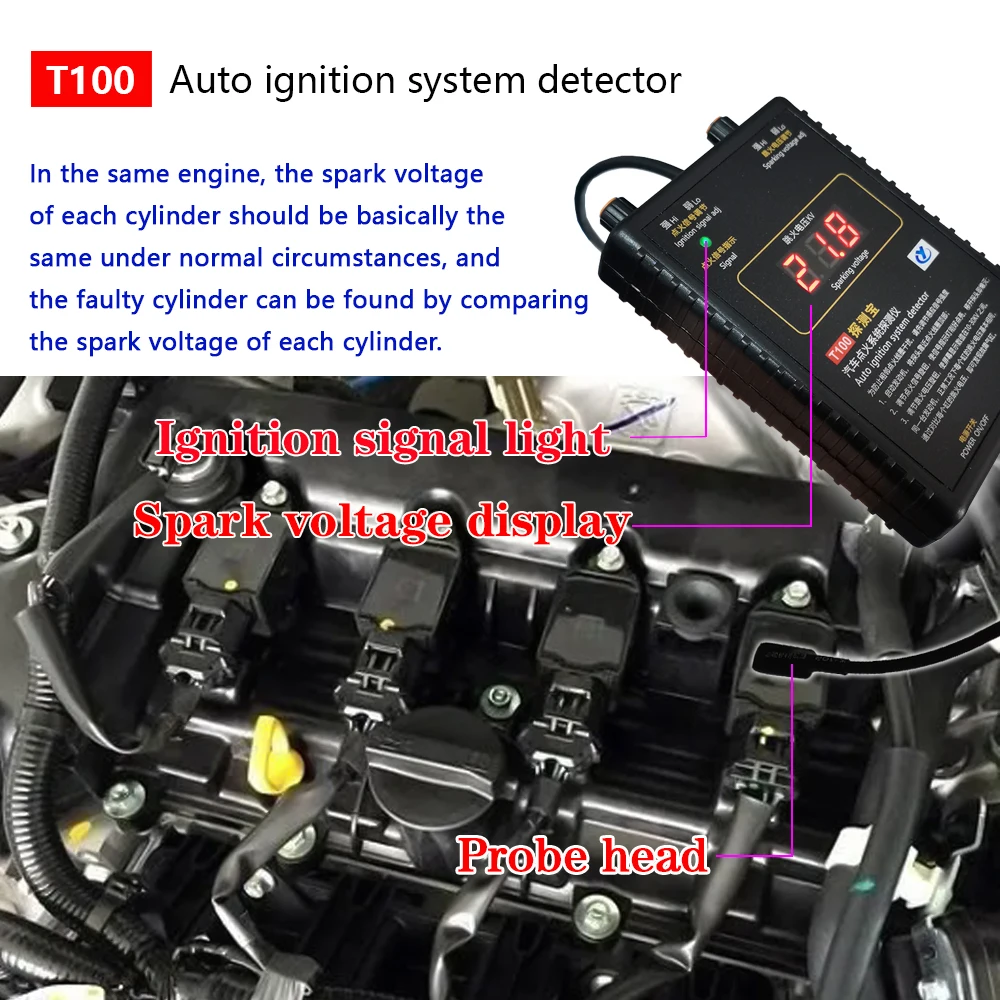 Detector de sistema de encendido automático T100 para sistema de encendido de 12V 24V para probar señal de encendido y voltaje de chispa