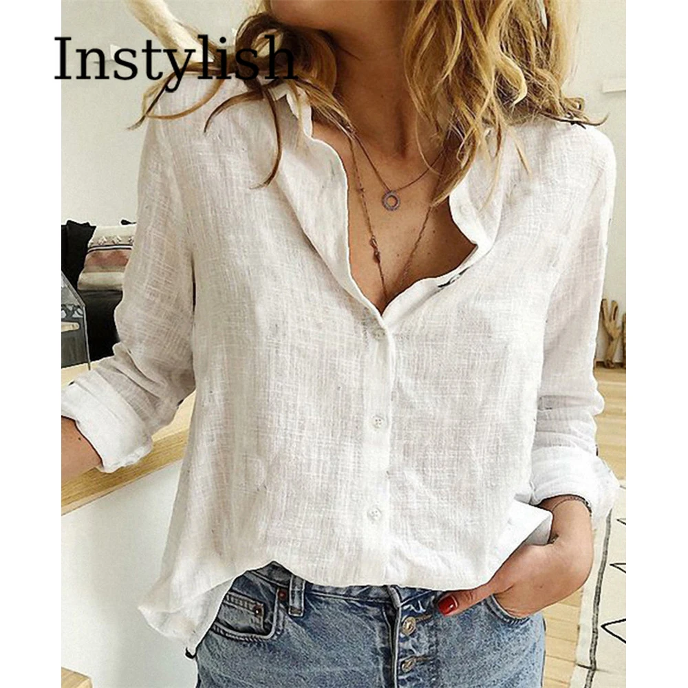 Eleganckie bawełniane lniane koszule damskie Casual Solid Button Lapel Bluzki Koszule Jesień Zima Luźne topy z długim rękawem Tunika Blusas